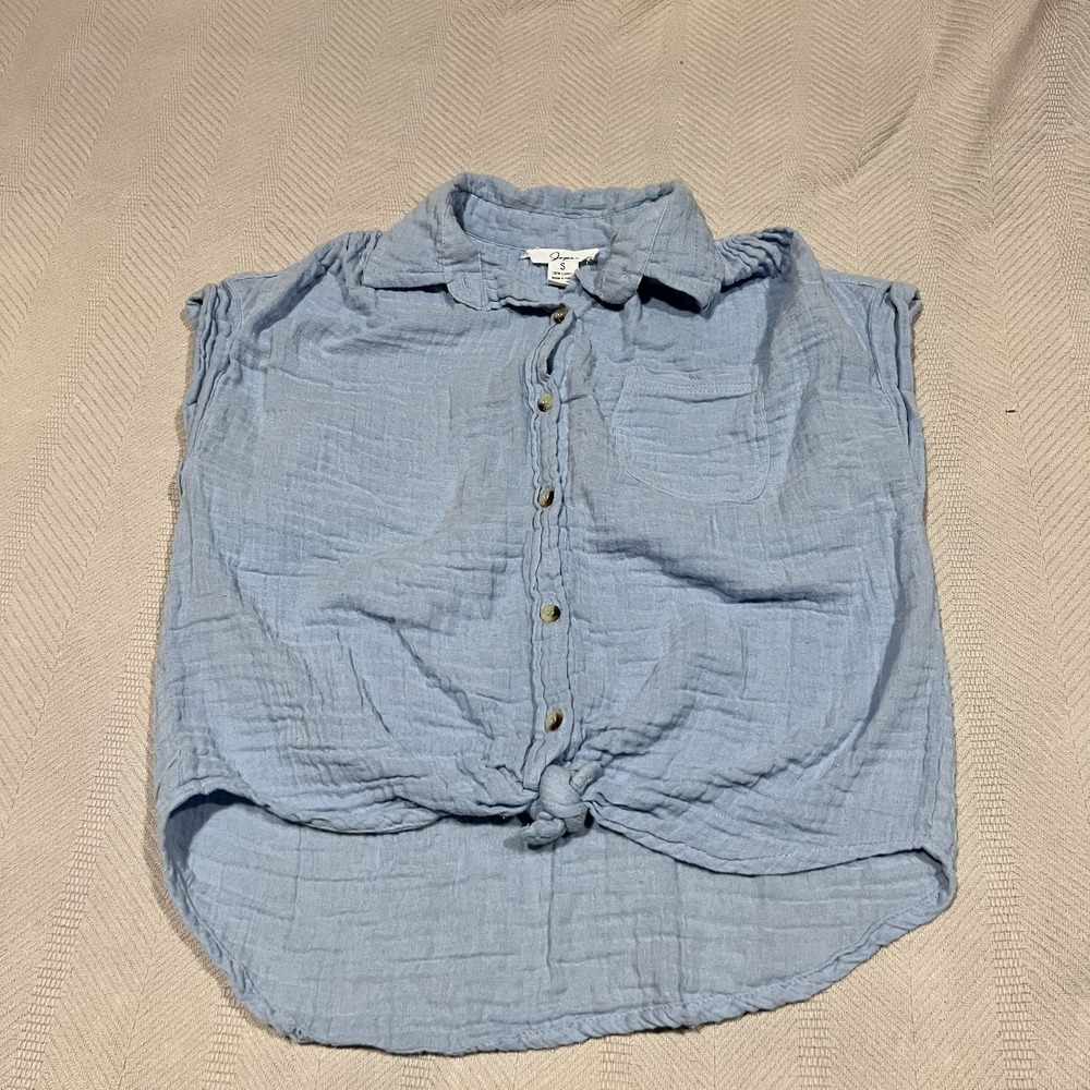 Japna Light Blue Front Tie Button Collared Short Sleeve Crop Cotton Gauze Top